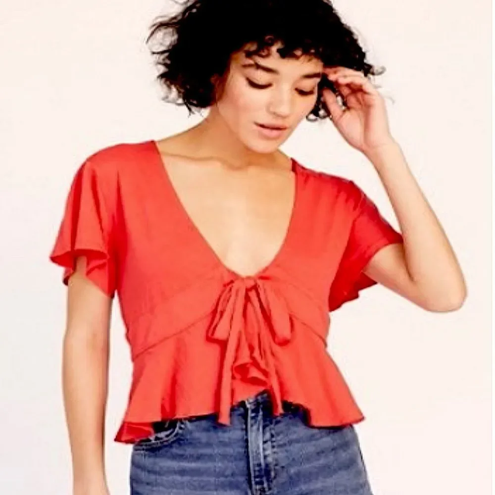 Free People We the Free Knot Me Red Tie-Front Crop Top